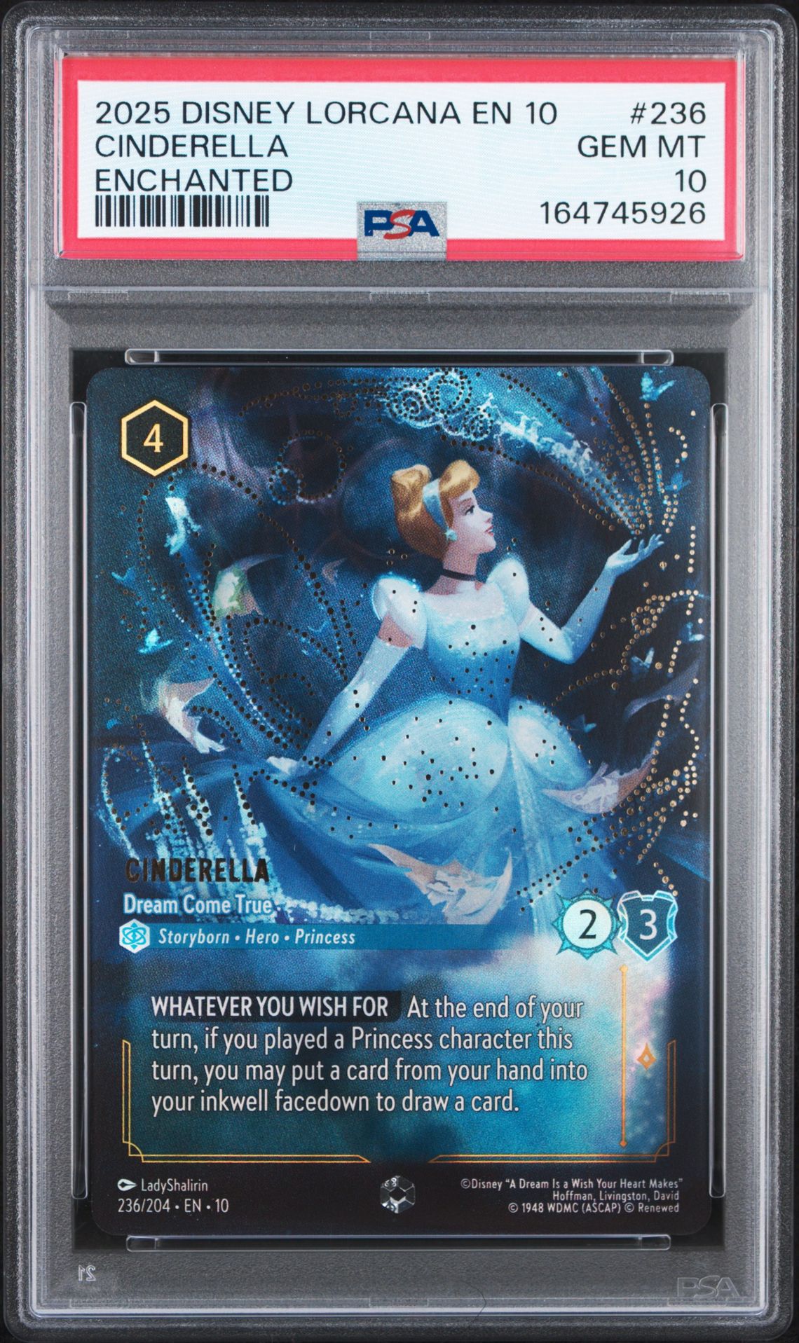 2025 Disney Lorcana Whispers in the Well Enchanted Cinderella Dream Come True #236 PSA 10 GEM MINT — PSA 10 slab, certification 164745926